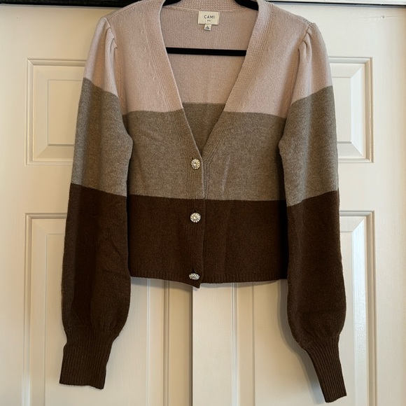 Cami NYC Maya Cardigan Merino Wool in Cream Taupe and Brown - Picture 3 of 10